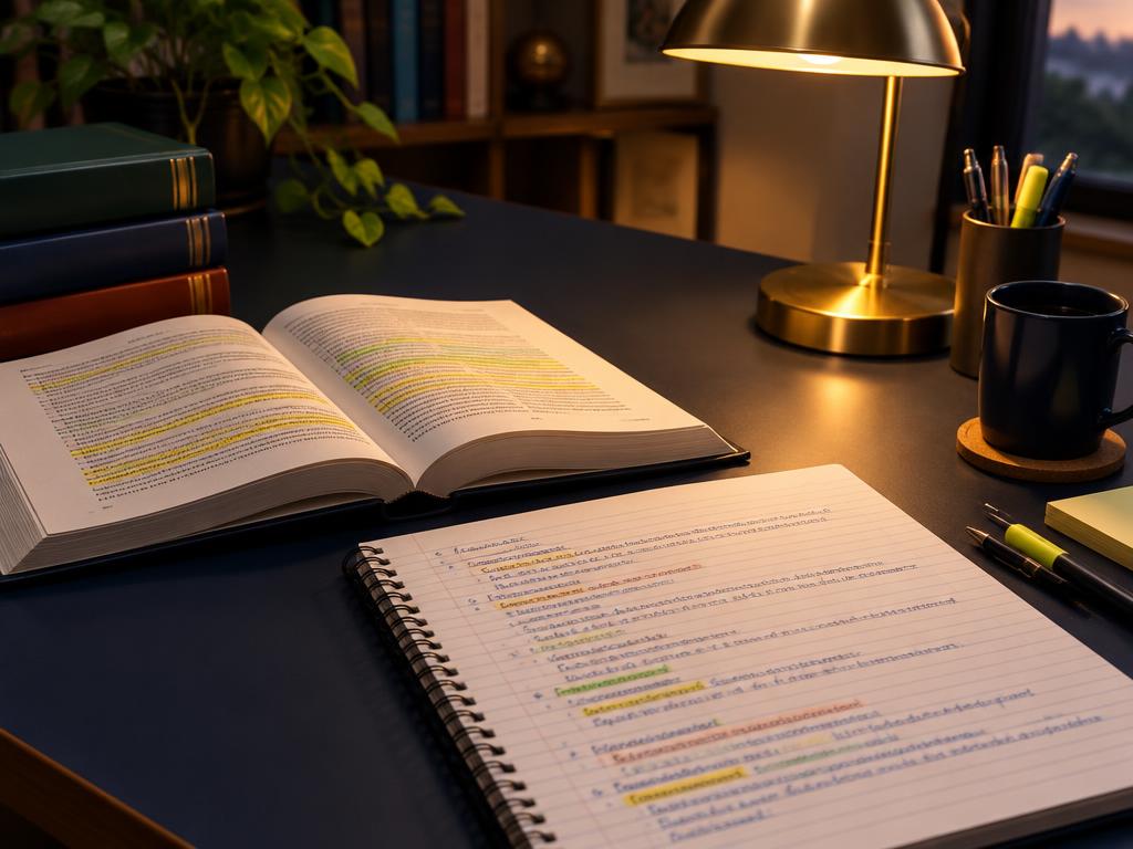 Mesa com livros e caderno de estudos